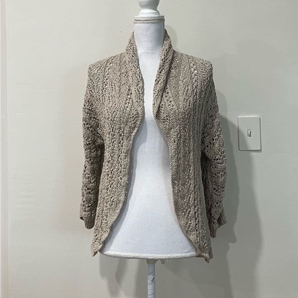 DANA BUCHMAN Vintage Open Front Knit Crochet Boho Cardigan Beige Sweater Small